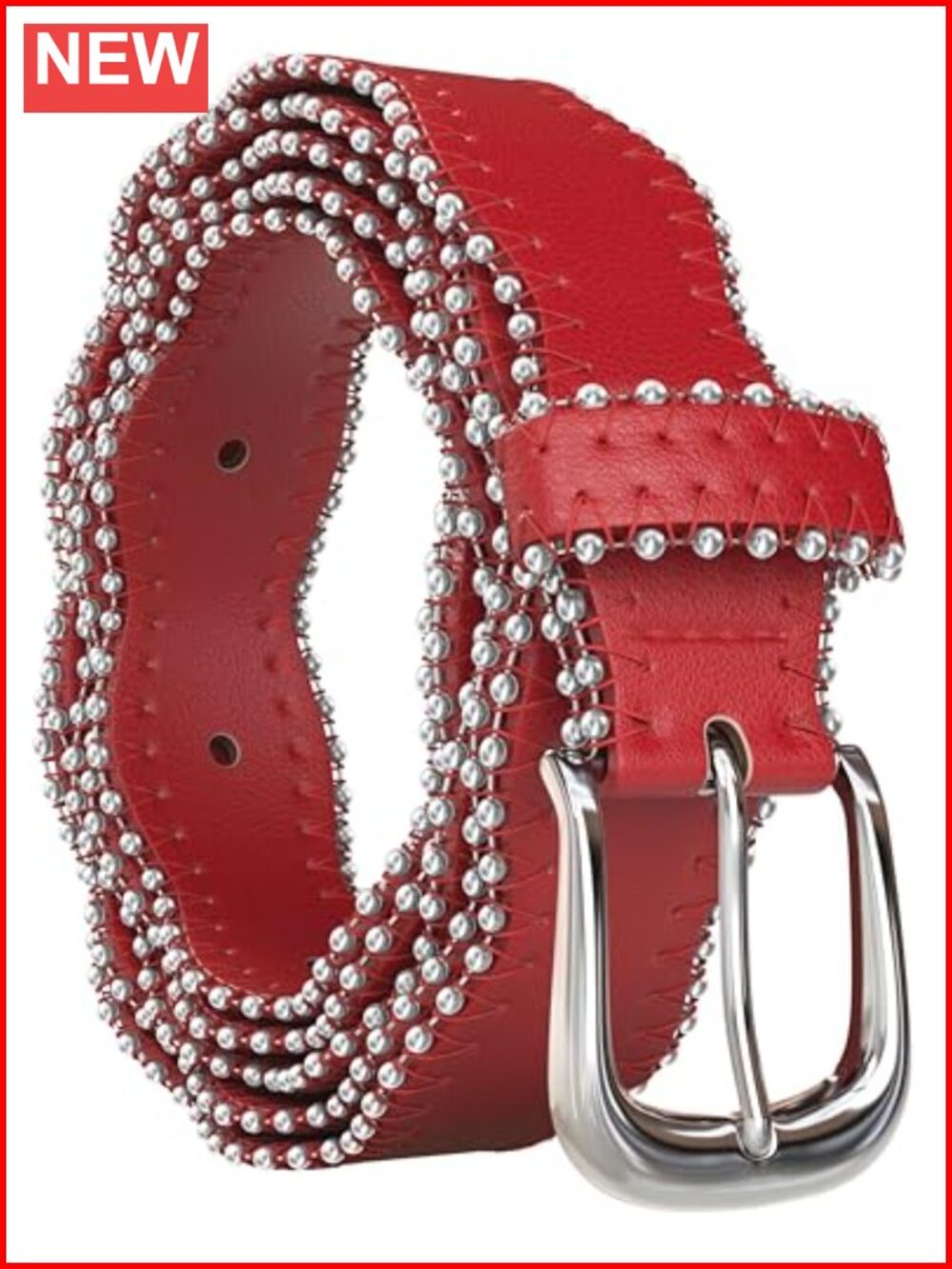 Vegan Leather Waist Belt Wavy Edge Silver Buckle Adjustable Women's